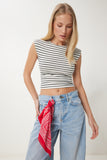 Kemik Siyah Çizgili Fitilli Örme Crop  Bluz UB00342