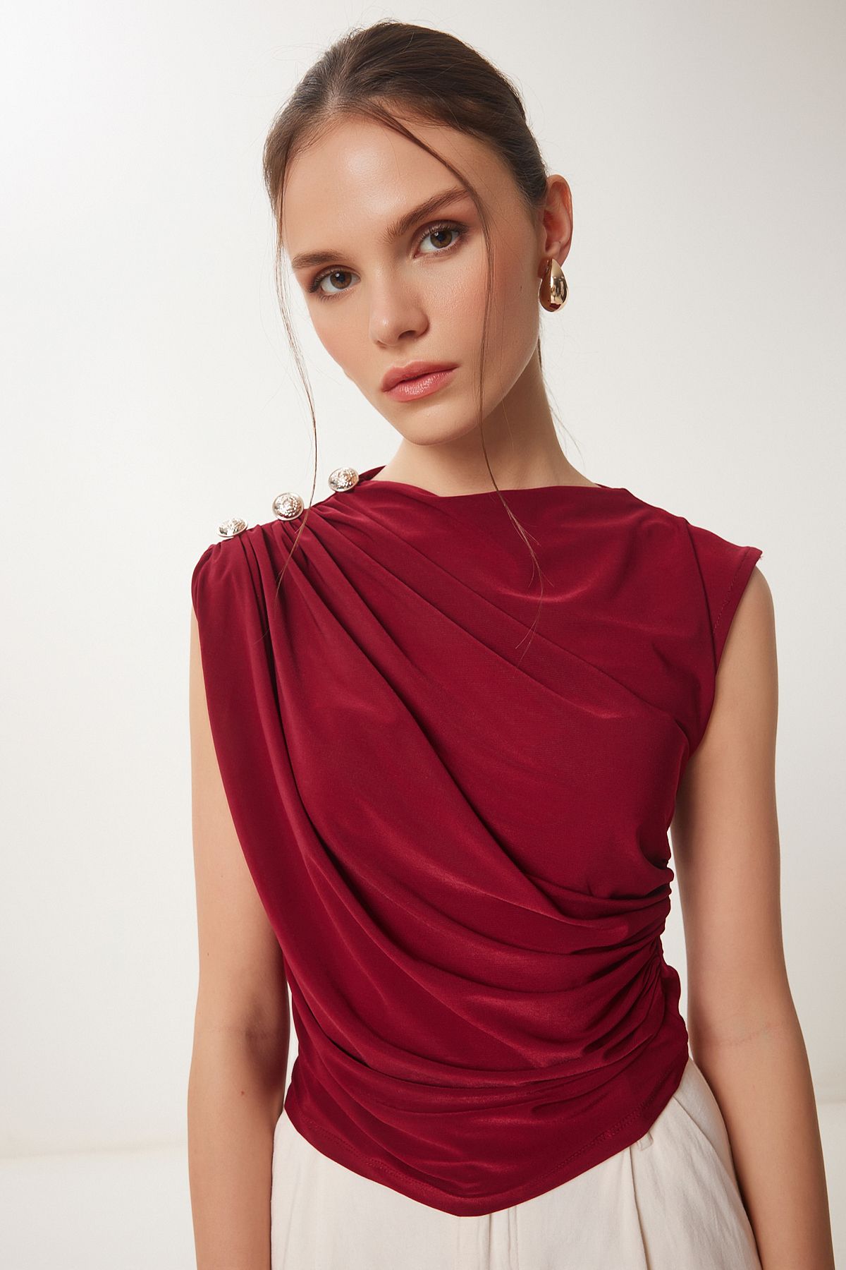 Bordo Drape Detaylı Düğmeli Sandy Bluz RX00056