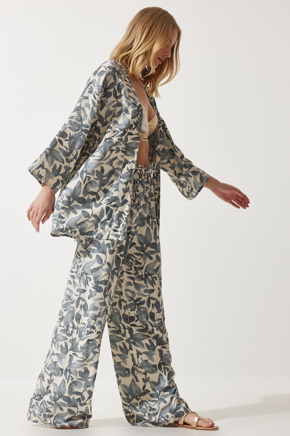 Kemik Gri Desenli Kimono Palazzo Pantolon Takım EN00614