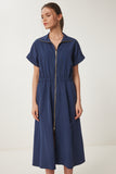 Lacivert Fermuarlı Midi Poplin Elbise UB00375