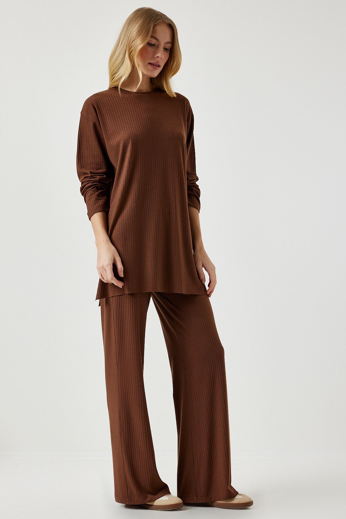 Kahverengi Fitilli Örme Bluz Pantolon Takım KH00088