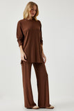 Kahverengi Fitilli Örme Bluz Pantolon Takım KH00088