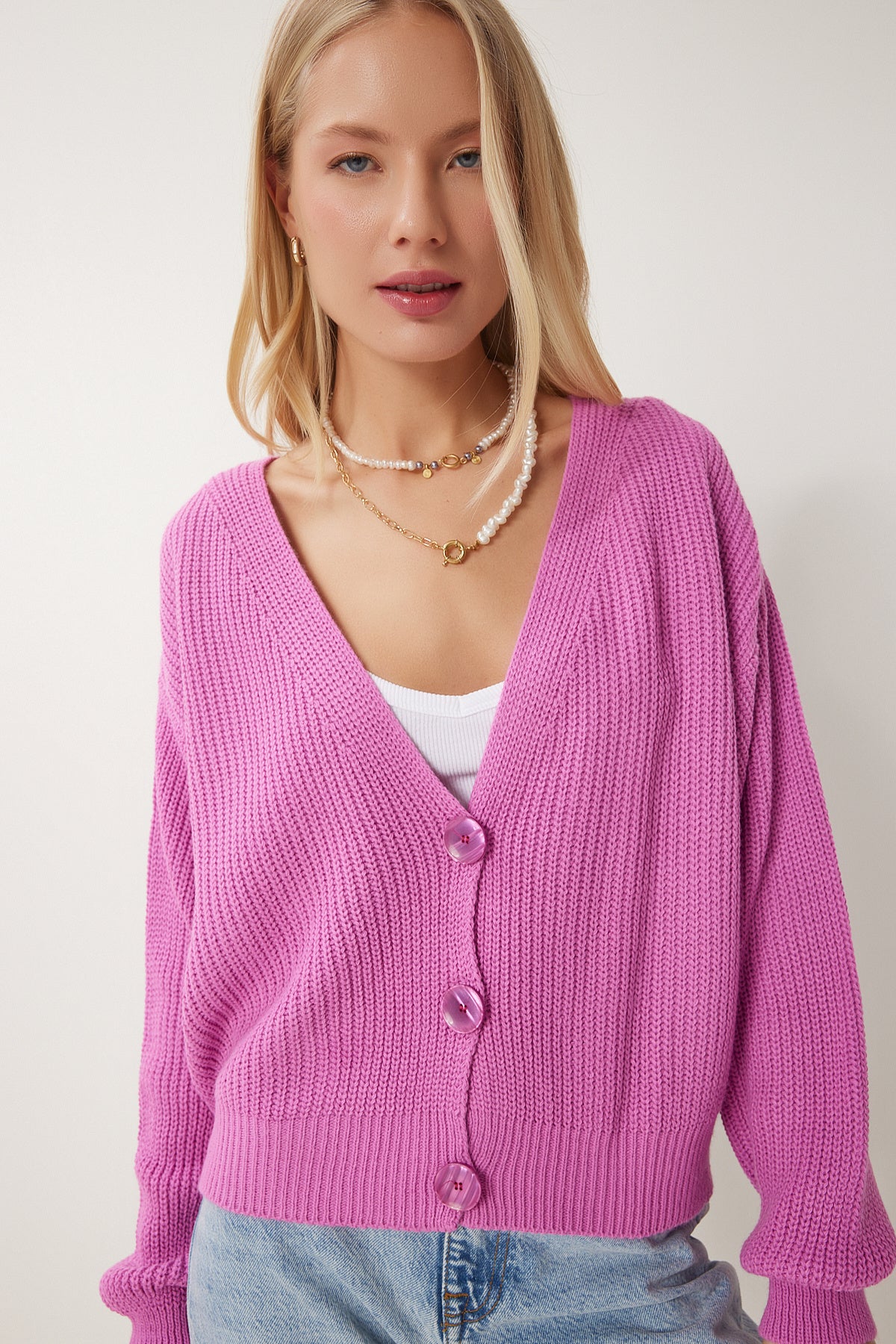 Pembe V Yaka Düğmeli Triko Hırka MX00175