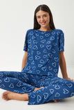 Lacivert Desenli Viskon Pantolon T-Shirt Pijama Takımı EC00046