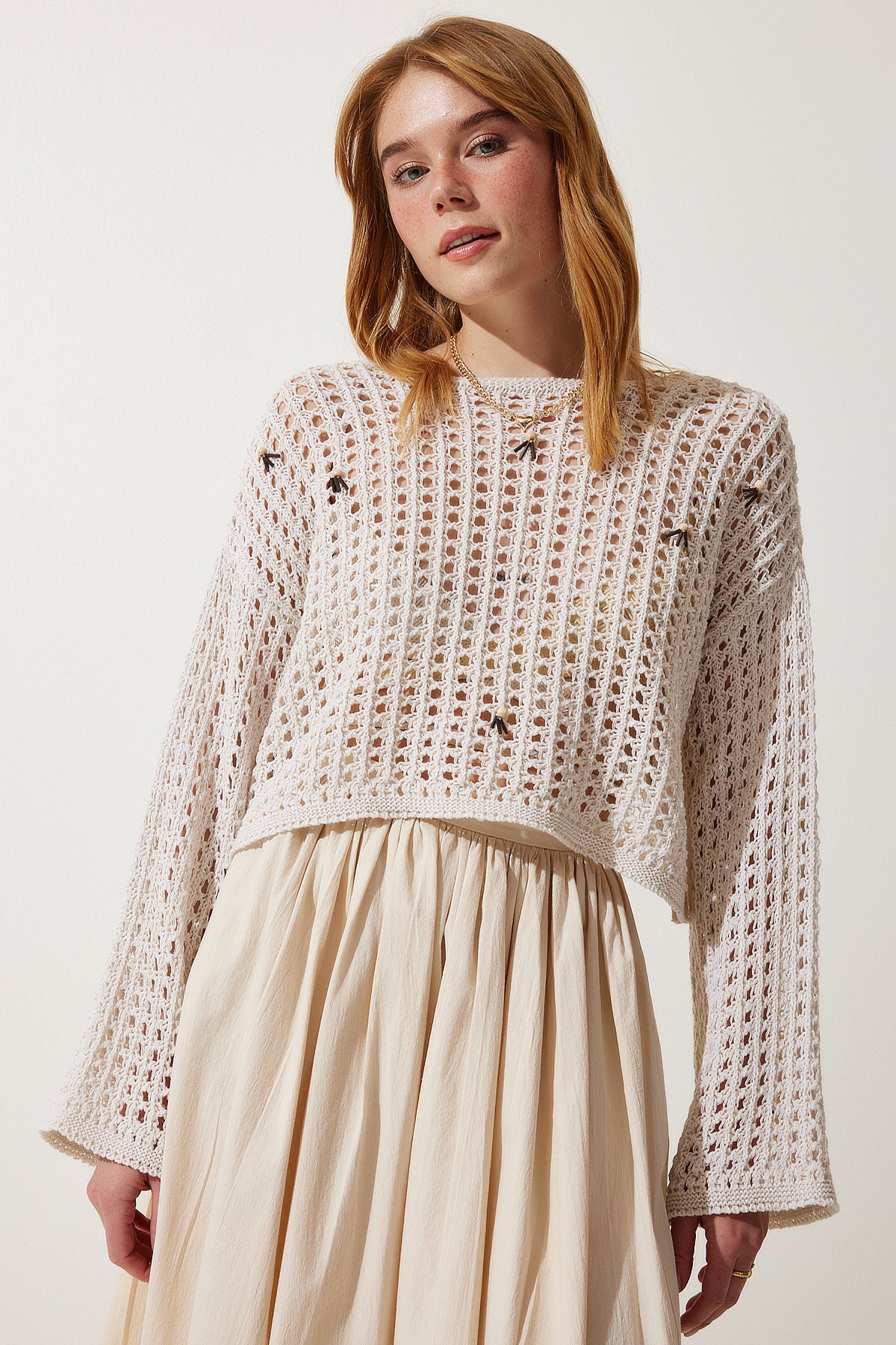 Krem Boncuklu Ajurlu  Mevsimlik Crop Triko Kazak MW00149