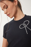 Siyah Boncuklu Fiyonk Detaylı Örme T-Shirt ZV00290