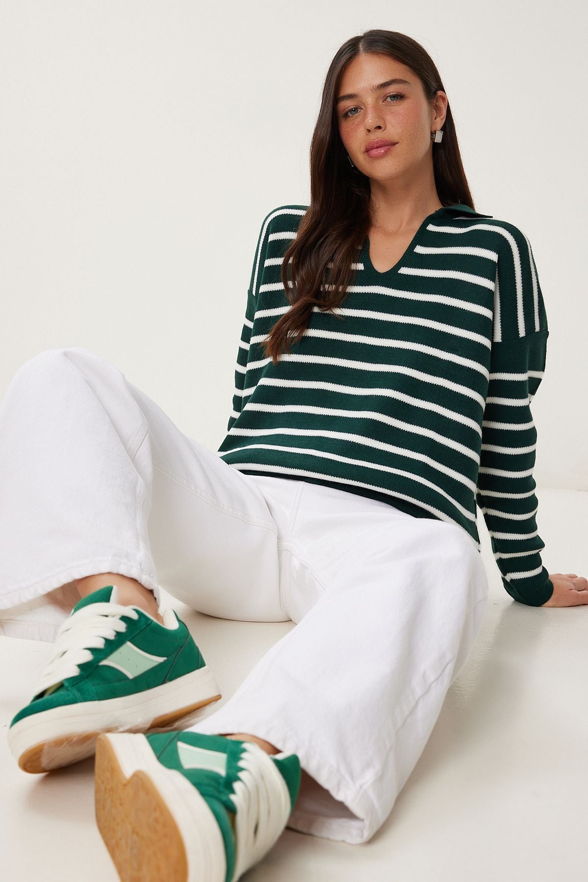 Koyu Yeşil Polo Yaka Crop Triko Kazak  US00293