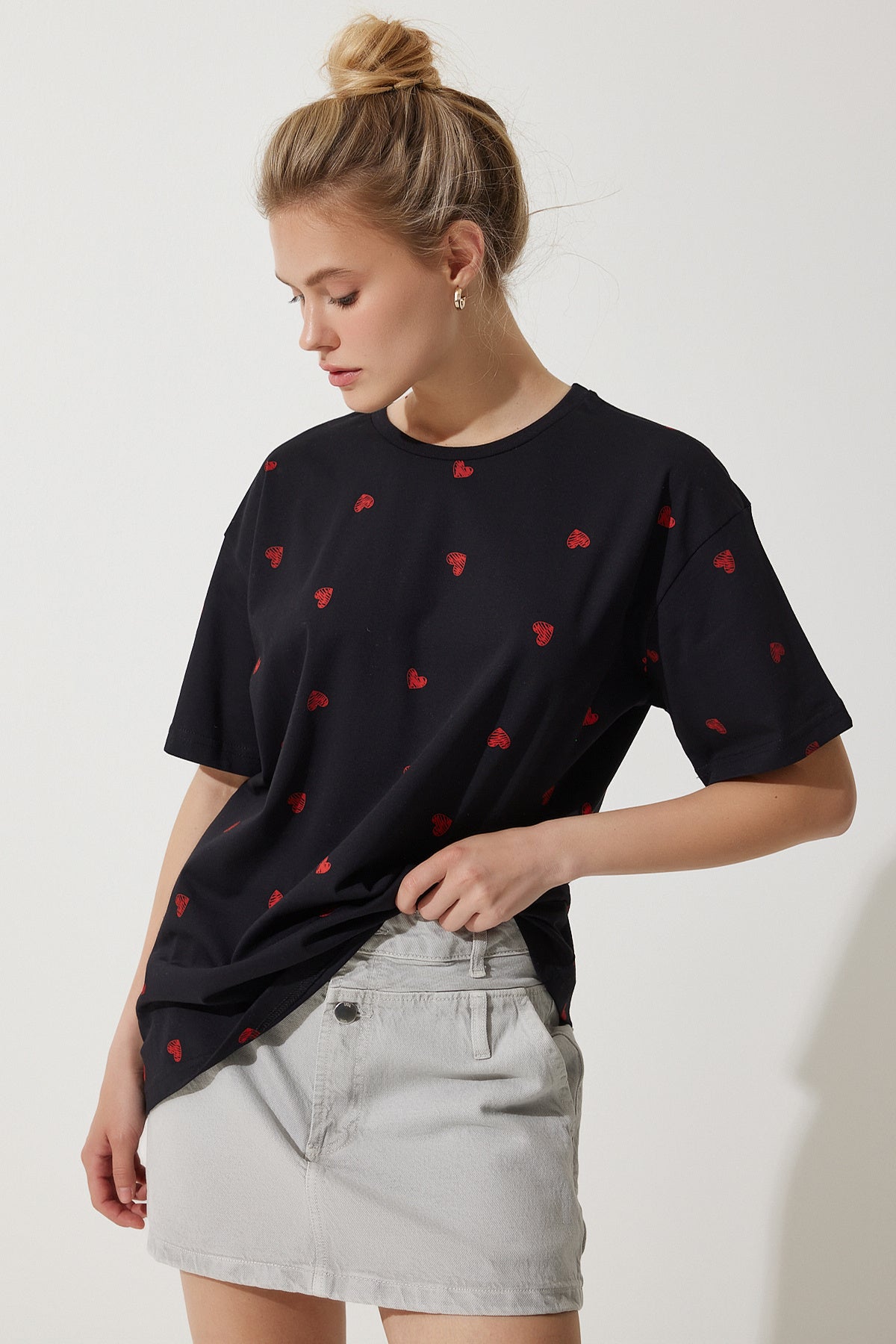 Siyah Kalpli %100 Pamuk Oversize Uzun Örme T-Shirt NJ00148