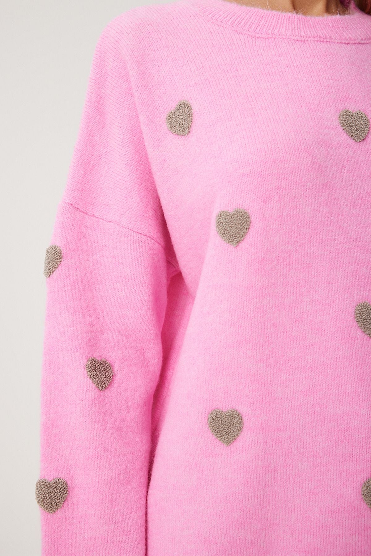 Pembe Kalp Dokulu Oversize Triko Kazak PF00088