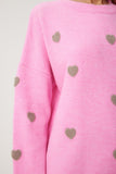 Pembe Kalp Dokulu Oversize Triko Kazak PF00088