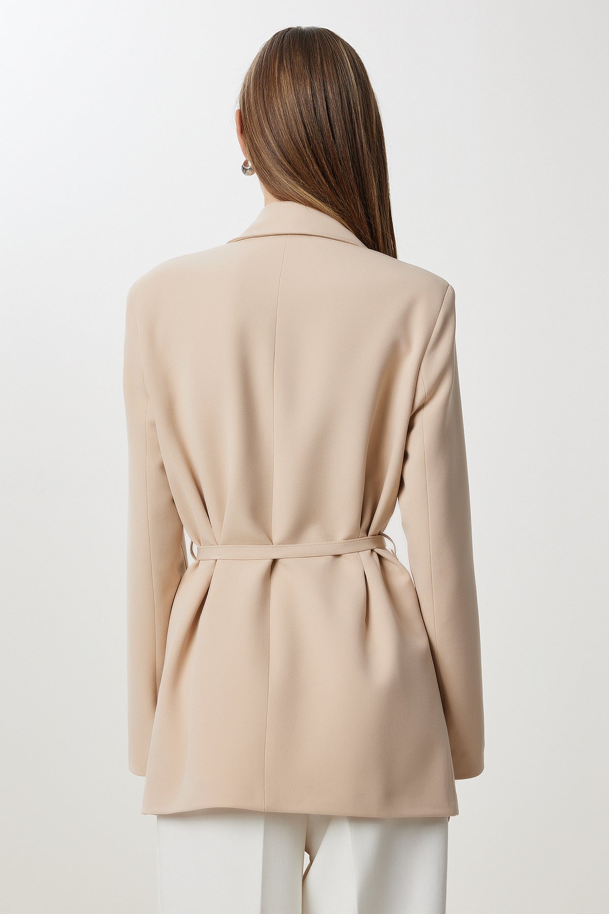 Koyu Krem Vatkalı Kemerli Blazer Dokuma Ceket KT00023