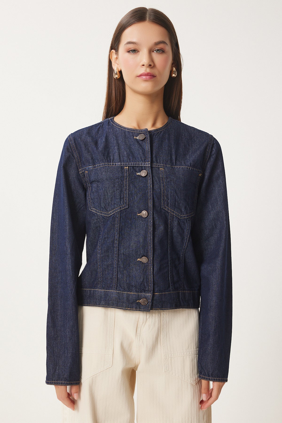 Lacivert Bisiklet Yaka Denim Ceket FN03417