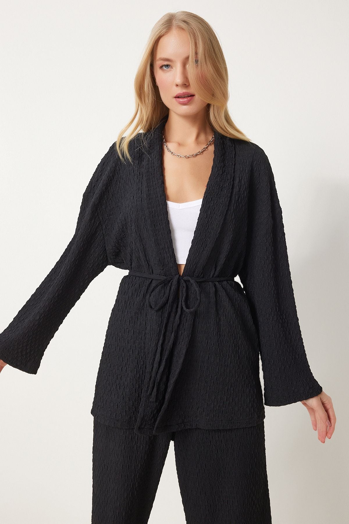 Siyah Dokulu Örme Kimono Pantolon Takım RG00046