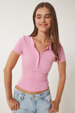 Pembe Çıtçıtlı Basic Örme Crop Bluz FW00004
