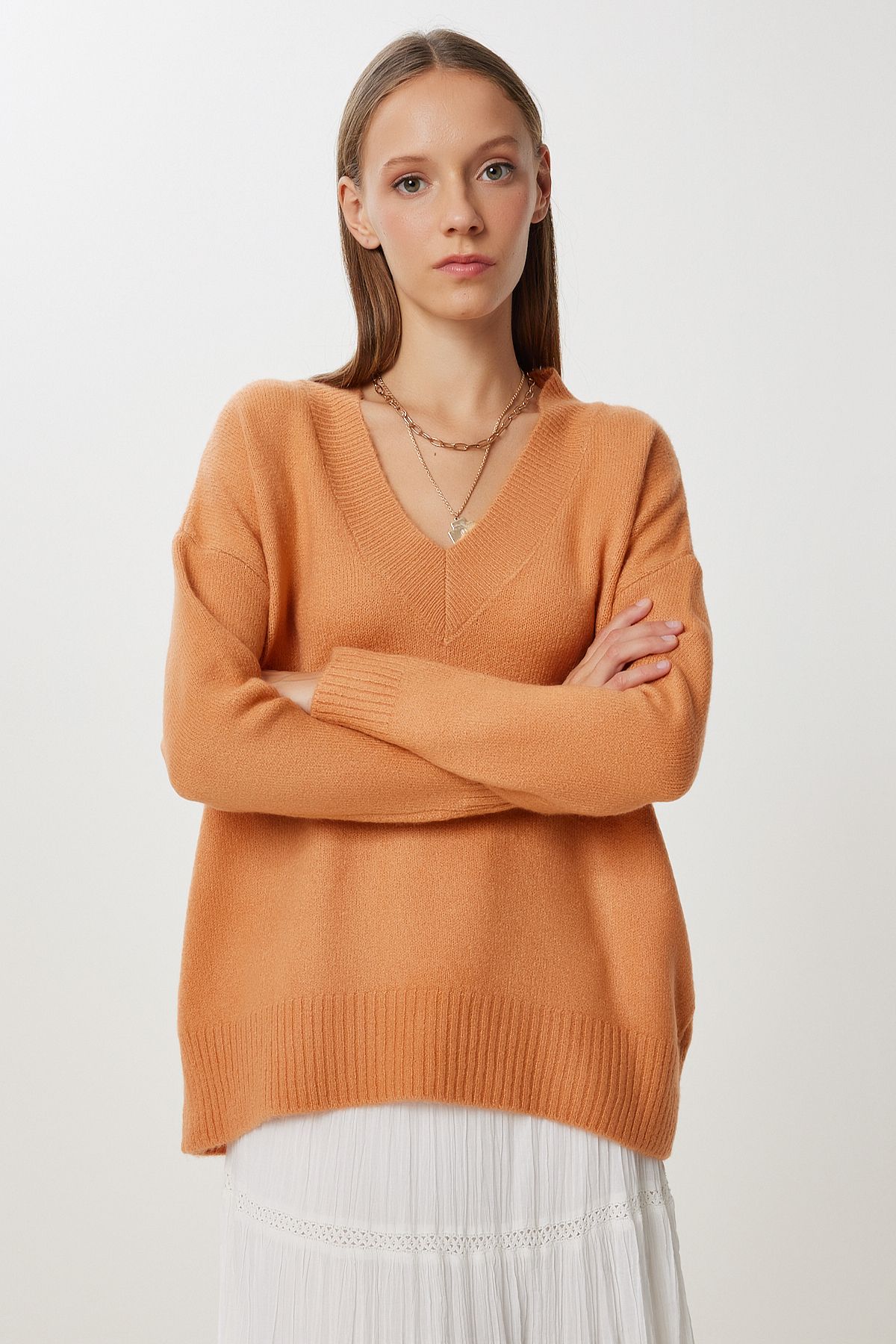 Şeftali V Yaka Oversize Triko Kazak BV00124