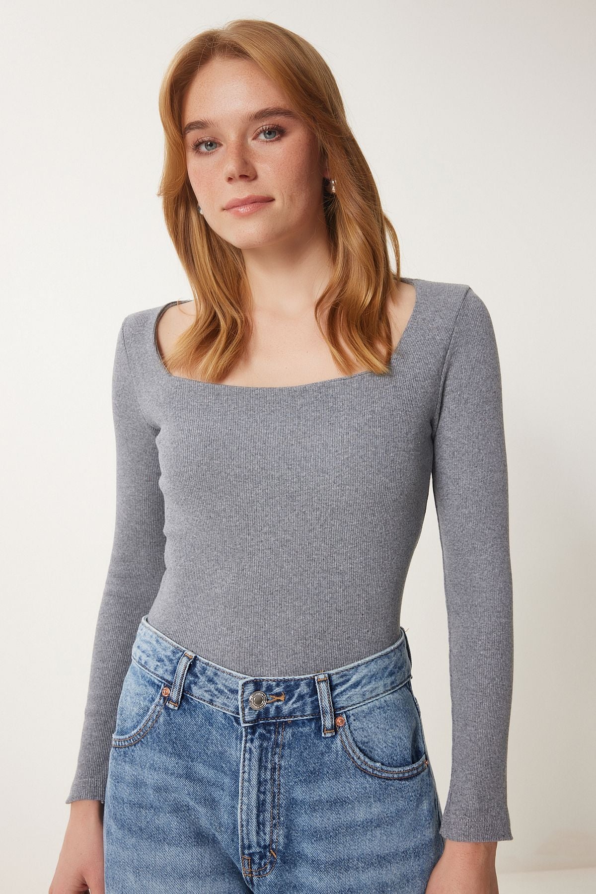 Gri Kare Yaka Fitilli Örme Bluz GT00052