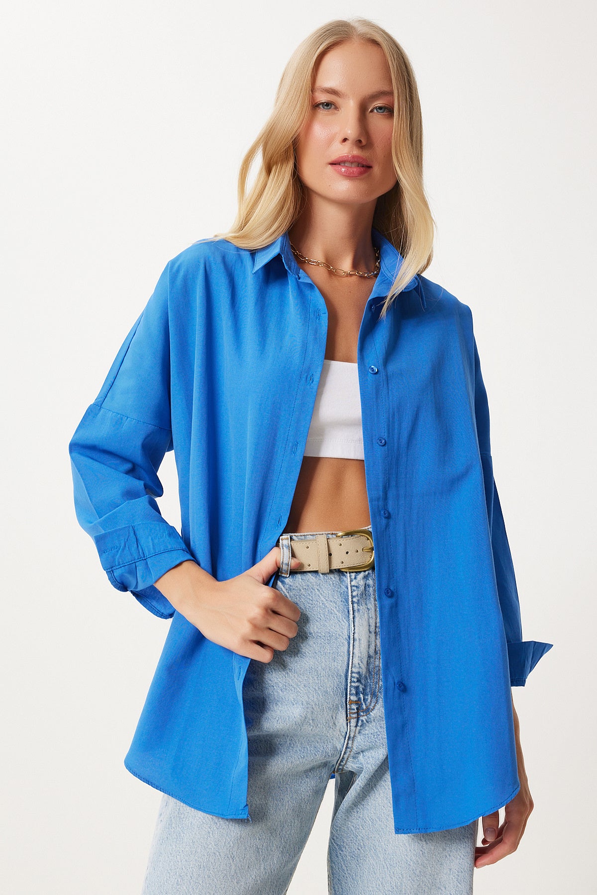 Canlı Mavi Oversize Uzun Basic Gömlek DD00842