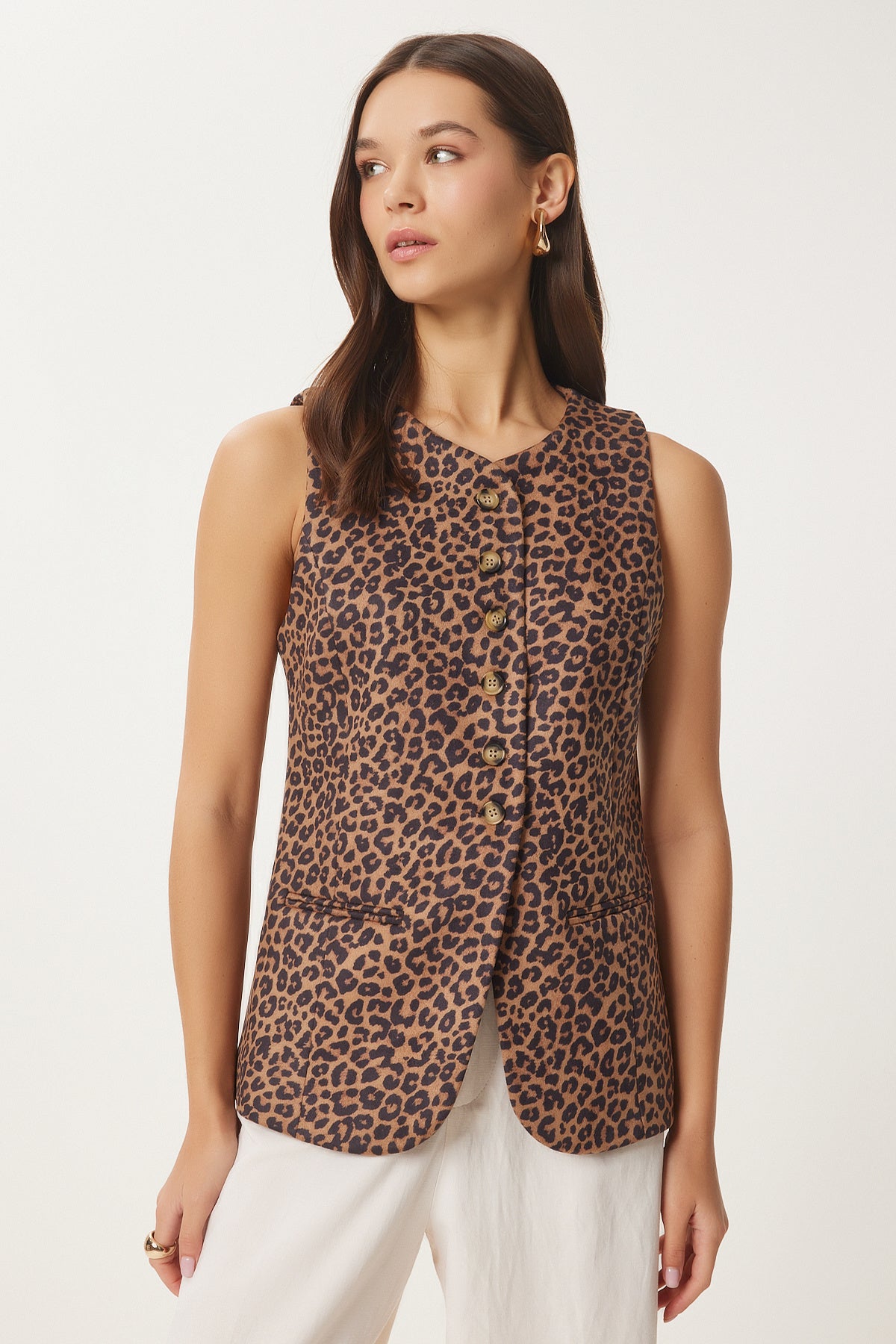 Camel Siyah Leopar Desenli Nubuk Yelek FN03444