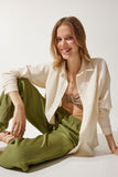 Krem Cepli Oversize Keten Gömlek MX00152