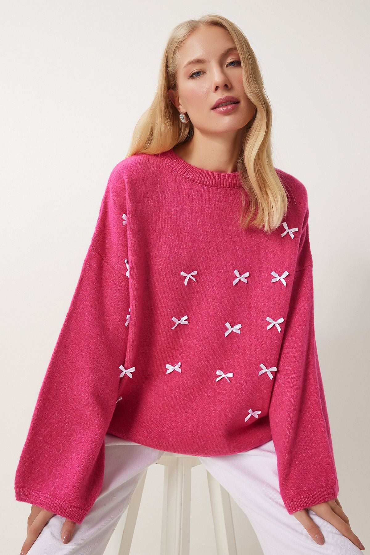 Koyu Pembe Fiyonk Detaylı Oversize Triko Kazak KB00042