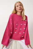 Koyu Pembe Fiyonk Detaylı Oversize Triko Kazak KB00042