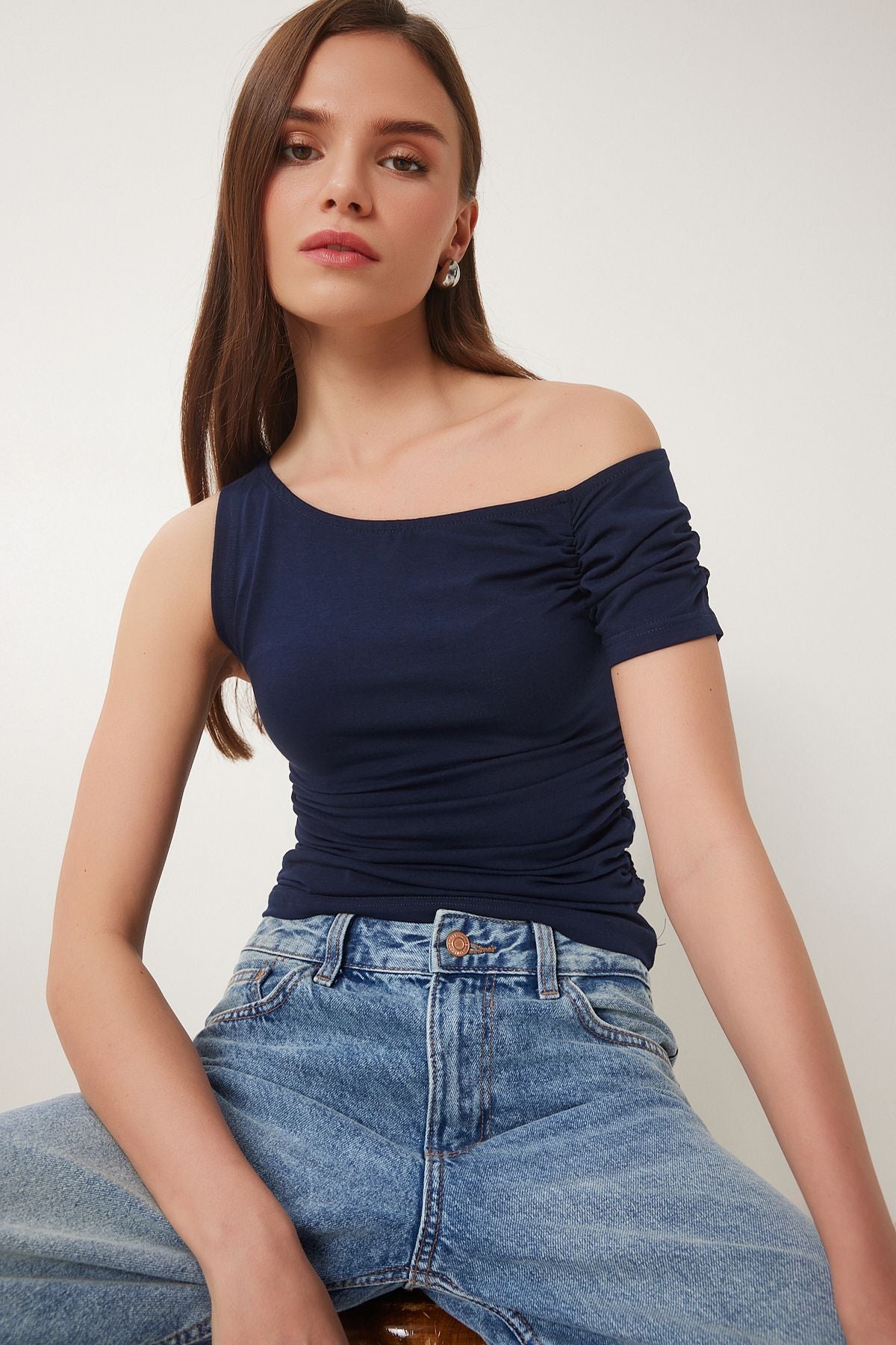 Lacivert Büzgü Detaylı Örme Bluz ZV00275