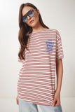Krem Bordo Çizgili Baskılı Örme T-Shirt CR00487