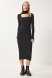 Siyah Cut Out Detaylı Dik Yaka Fitilli Triko Elbise FN03388