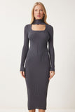 Füme Cut Out Detaylı Dik Yaka Fitilli Triko Elbise FN03388