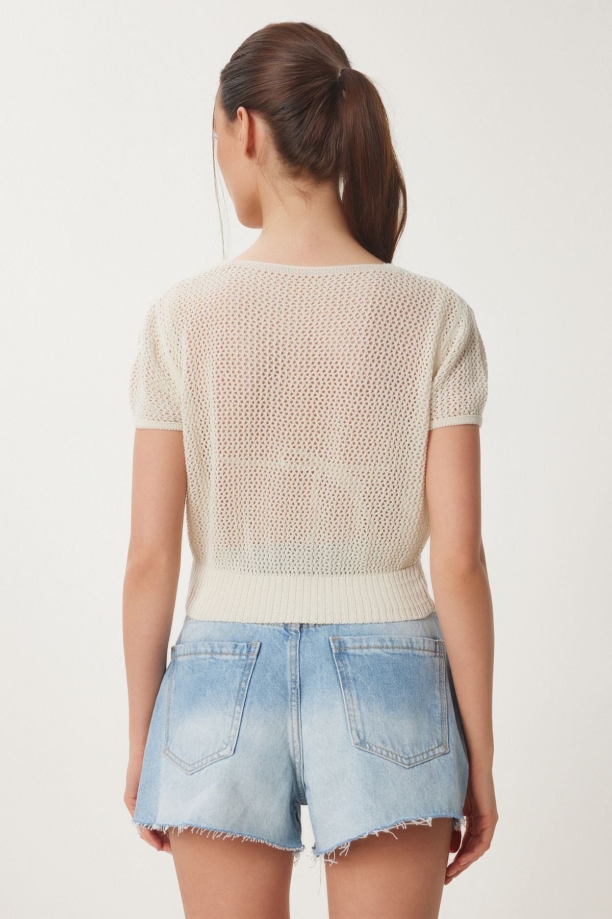Krem Ajurlu Yazlık Crop Triko Bluz ZA00076
