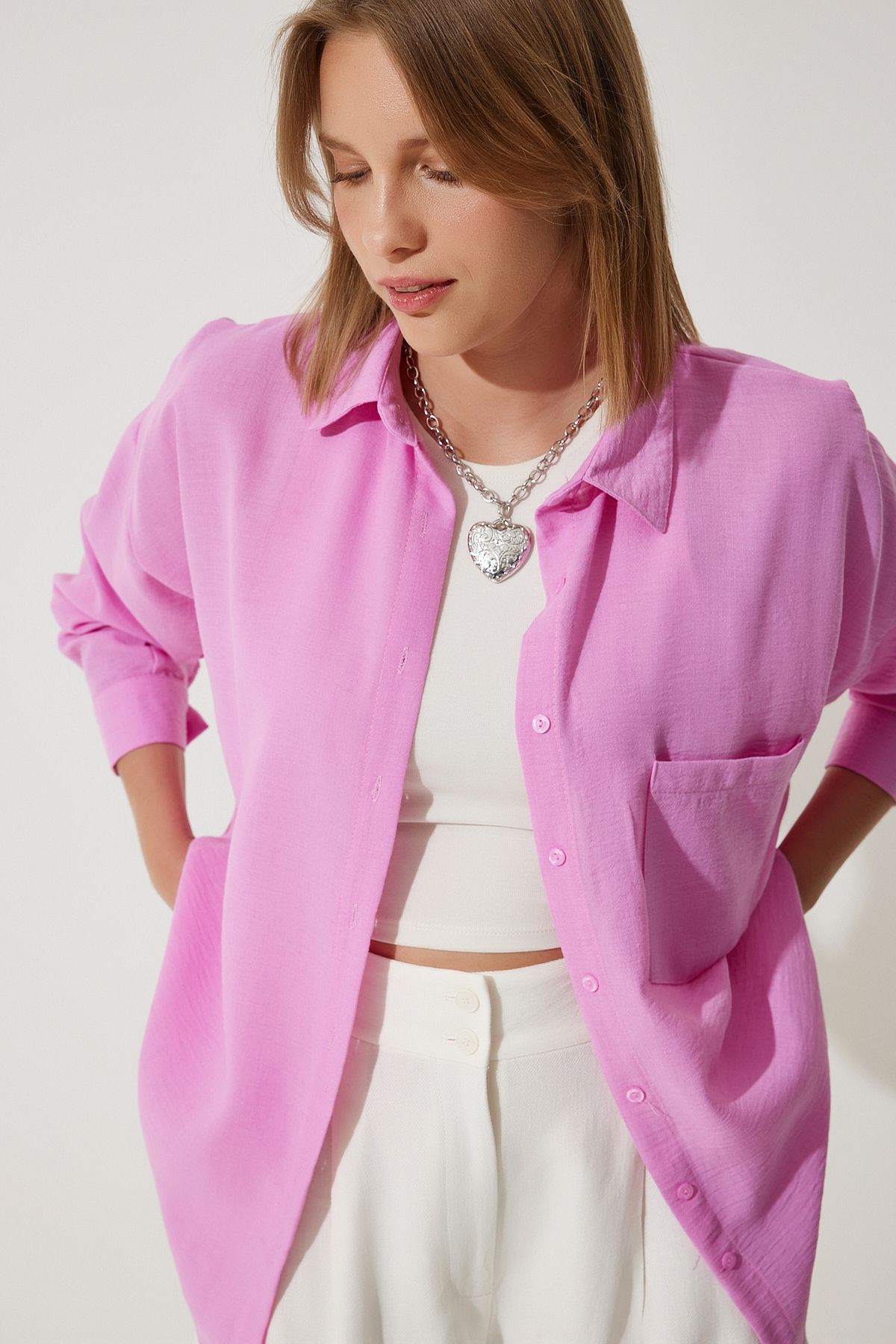 Açık Pembe Oversize Keten Ayrobin Gömlek DD01222