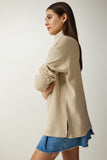 Bej Balıkçı Yaka Fitilli Oversize Örme Bluz UB00213