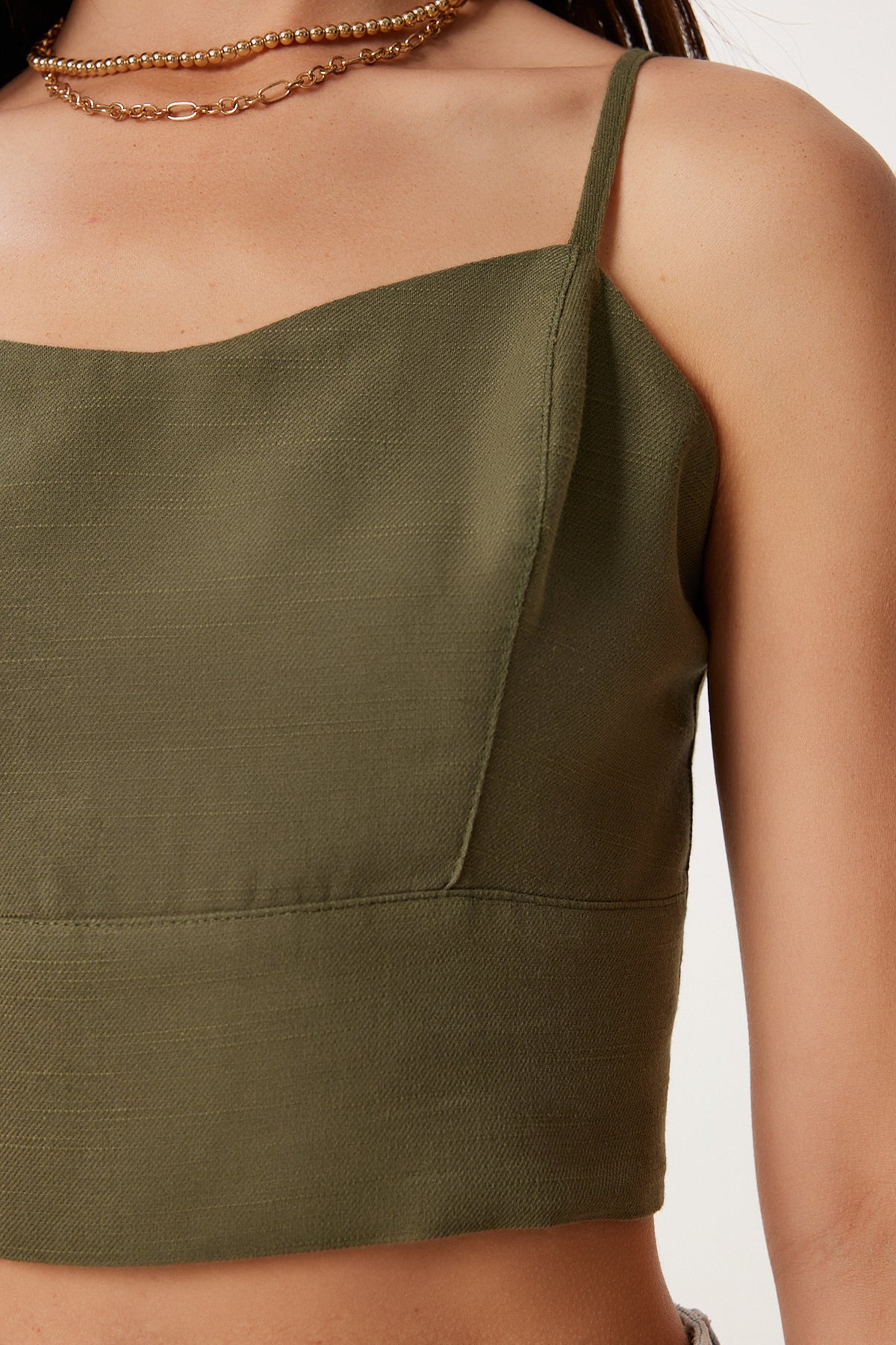 Haki Askılı Crop Keten Bluz MX00219