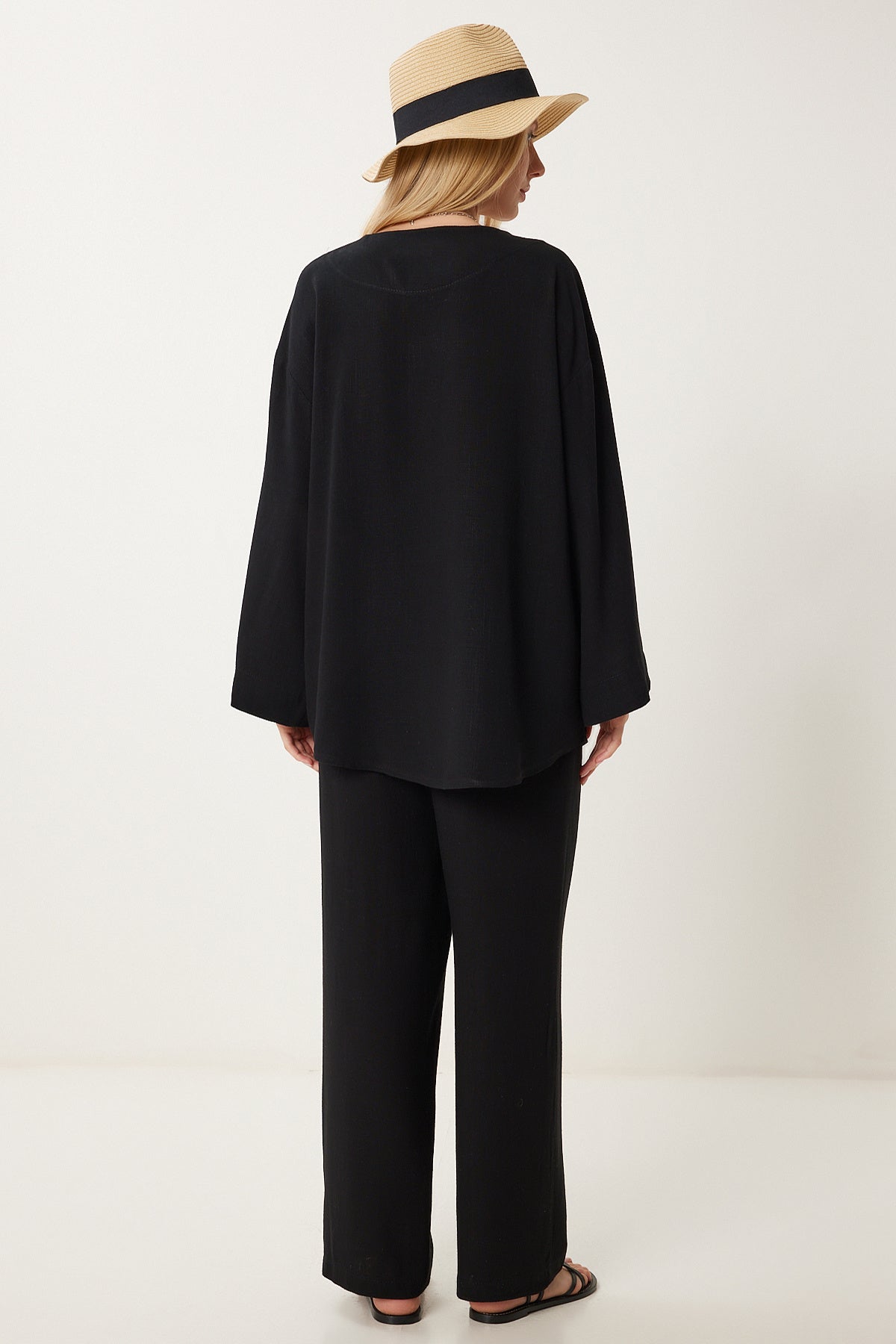 Siyah Keten Kimono Bol Palazzo Pantolon Takım RV00208