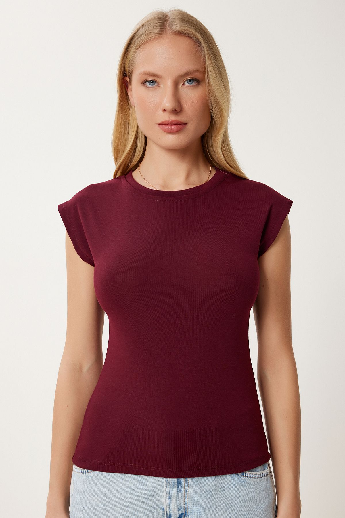 Bordo Kolsuz Esnek Örme T-Shirt ZV00307
