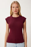 Bordo Kolsuz Esnek Örme T-Shirt ZV00307