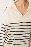 Krem Şal Yaka Çizgili Oversize Triko Kazak  FN03345