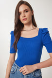 Koyu Mavi Kare Yaka Fitilli Crop Bluz GT00007