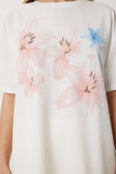Ekru Çiçek Baskılı Örme T-Shirt ZV00320