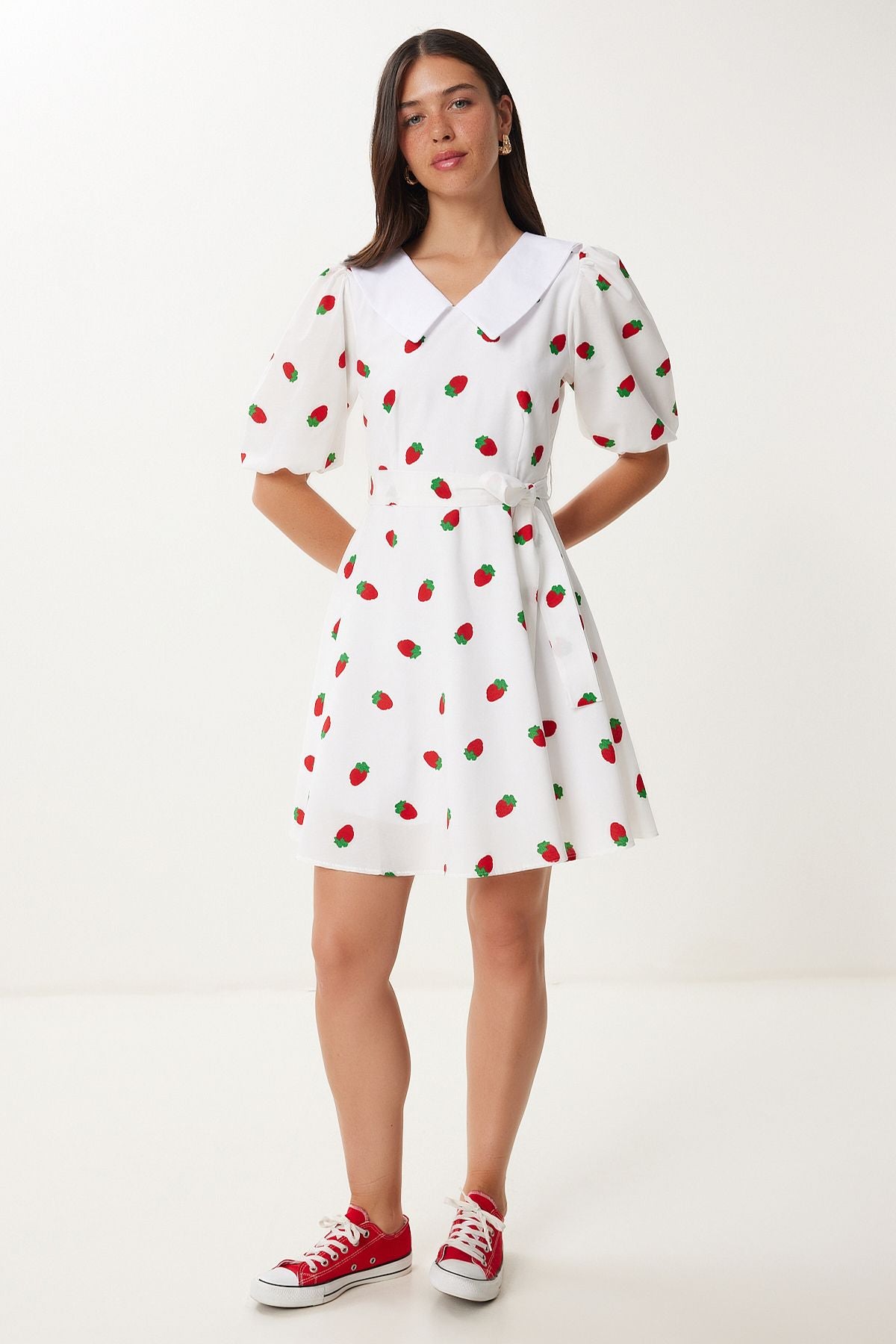 Ekru Çilekli Kuşaklı Mini Dokuma Elbise DK00175