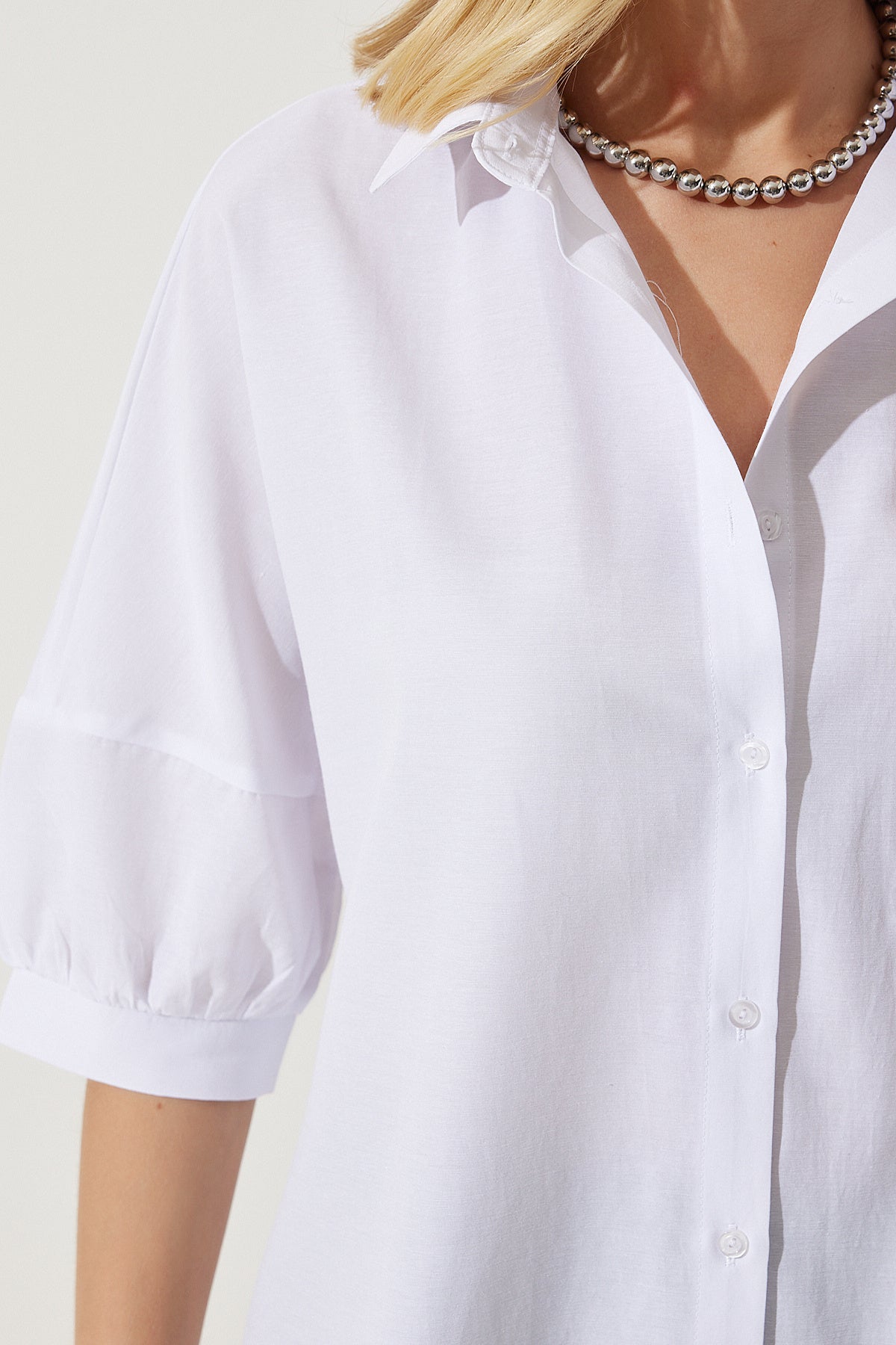 Beyaz Balon Kollu Poplin Gömlek DD01308