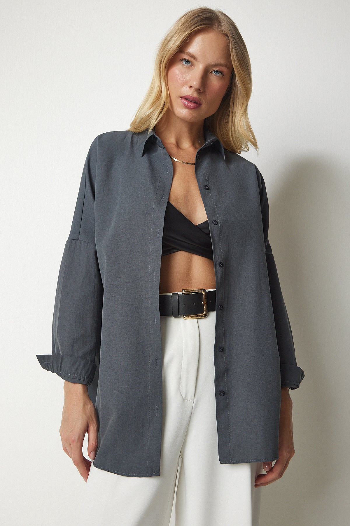Füme Oversize Uzun Basic Gömlek  DD00842