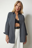 Füme Oversize Uzun Basic Gömlek  DD00842