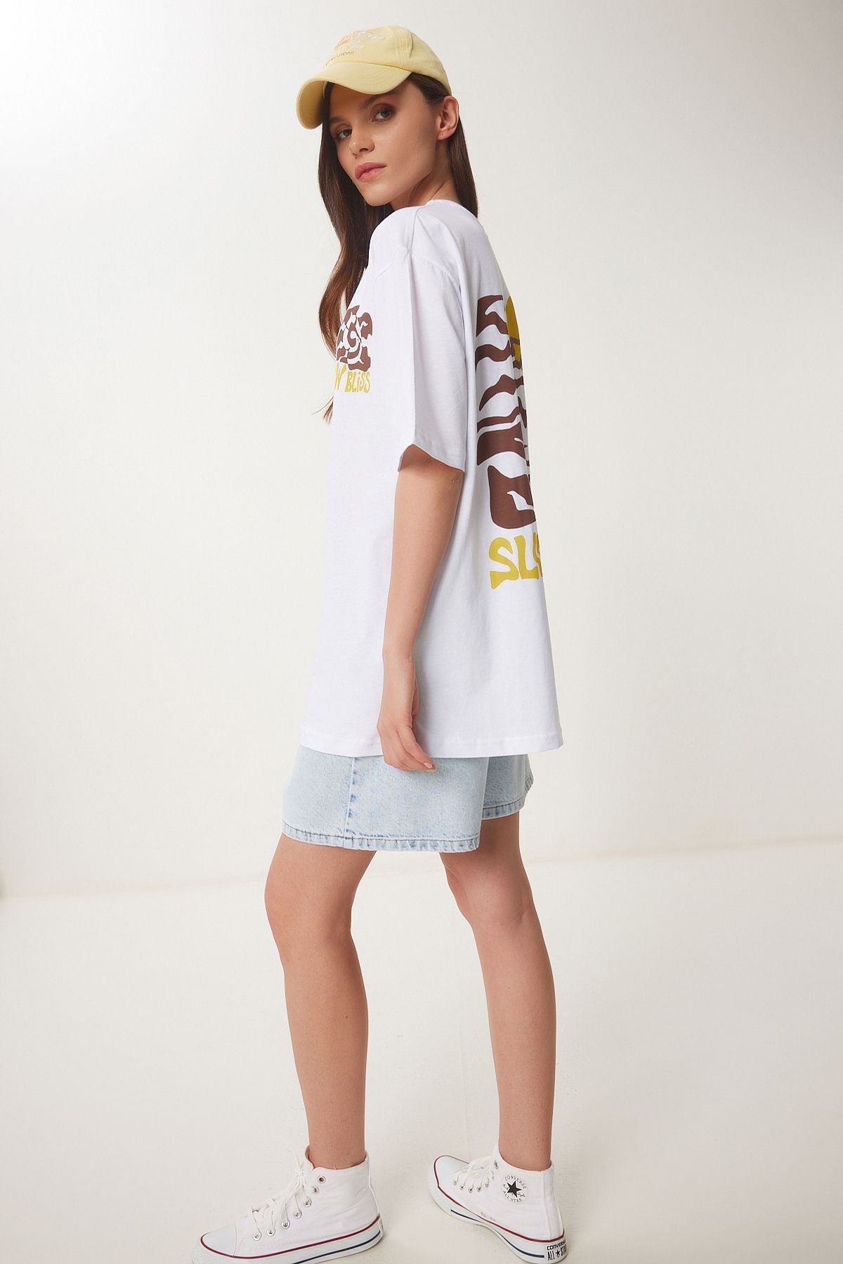 Beyaz Baskılı Pamuklu Örme T-Shirt ZV00300
