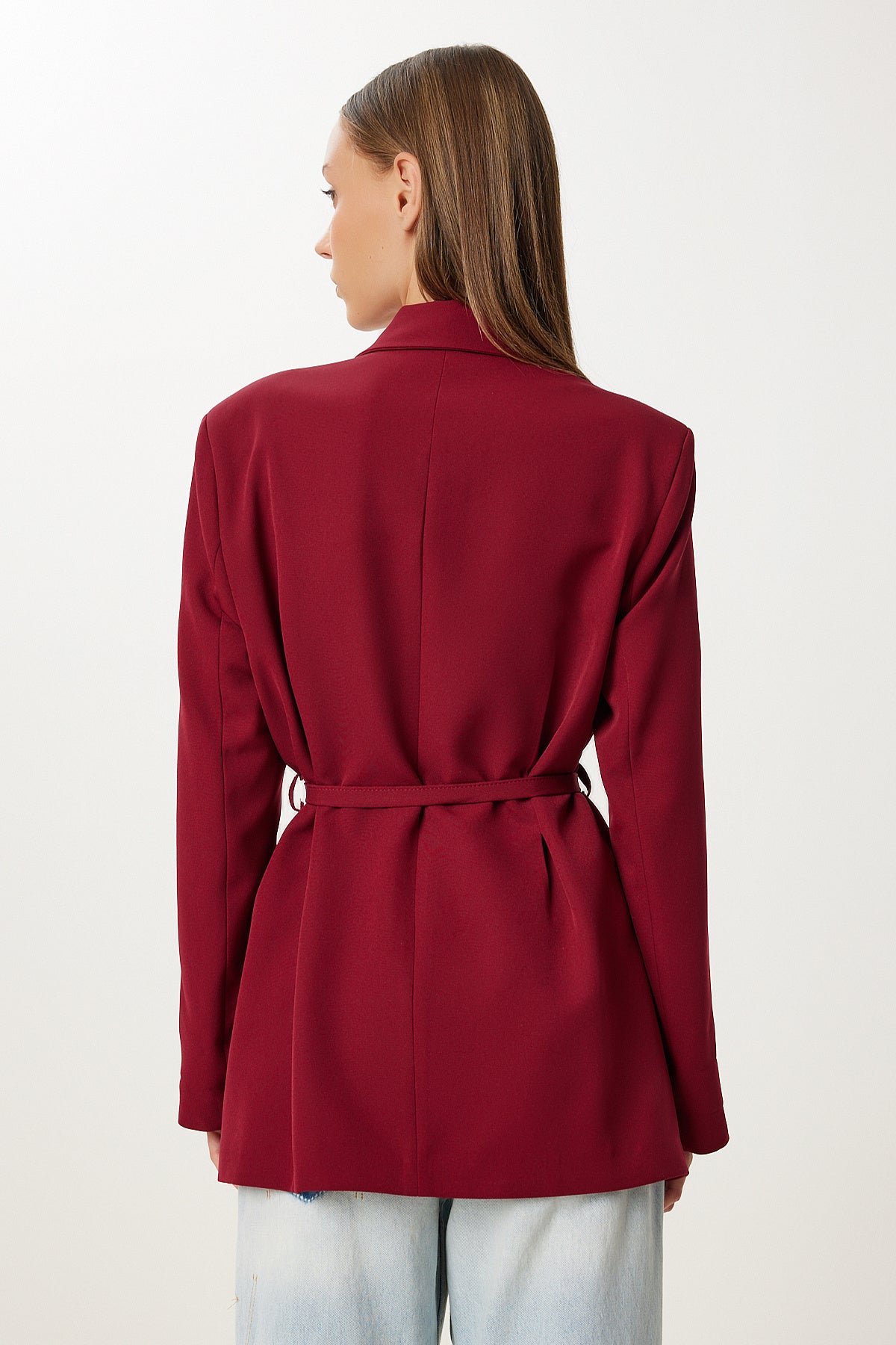 Bordo Vatkalı Kemerli Blazer Dokuma Ceket KT00023