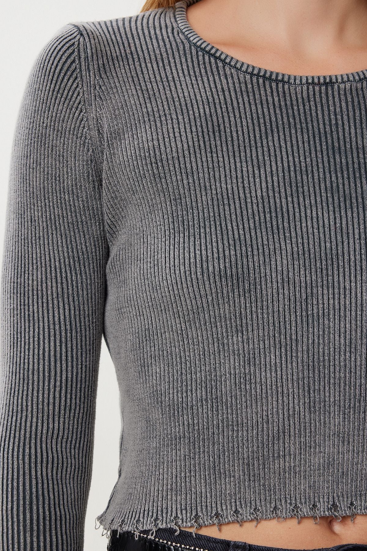 Antrasit Yıkamalı Fitilli Örme Crop Bluz PF00121