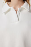 Ekru Polo Yaka Şardonlu Crop Örme Sweatshirt HW00014
