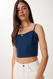 Lacivert Askılı Crop Keten Bluz MX00219