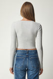 Gri Siyah V Yaka 2'Li Paket Crop Örme Bluz UB00202