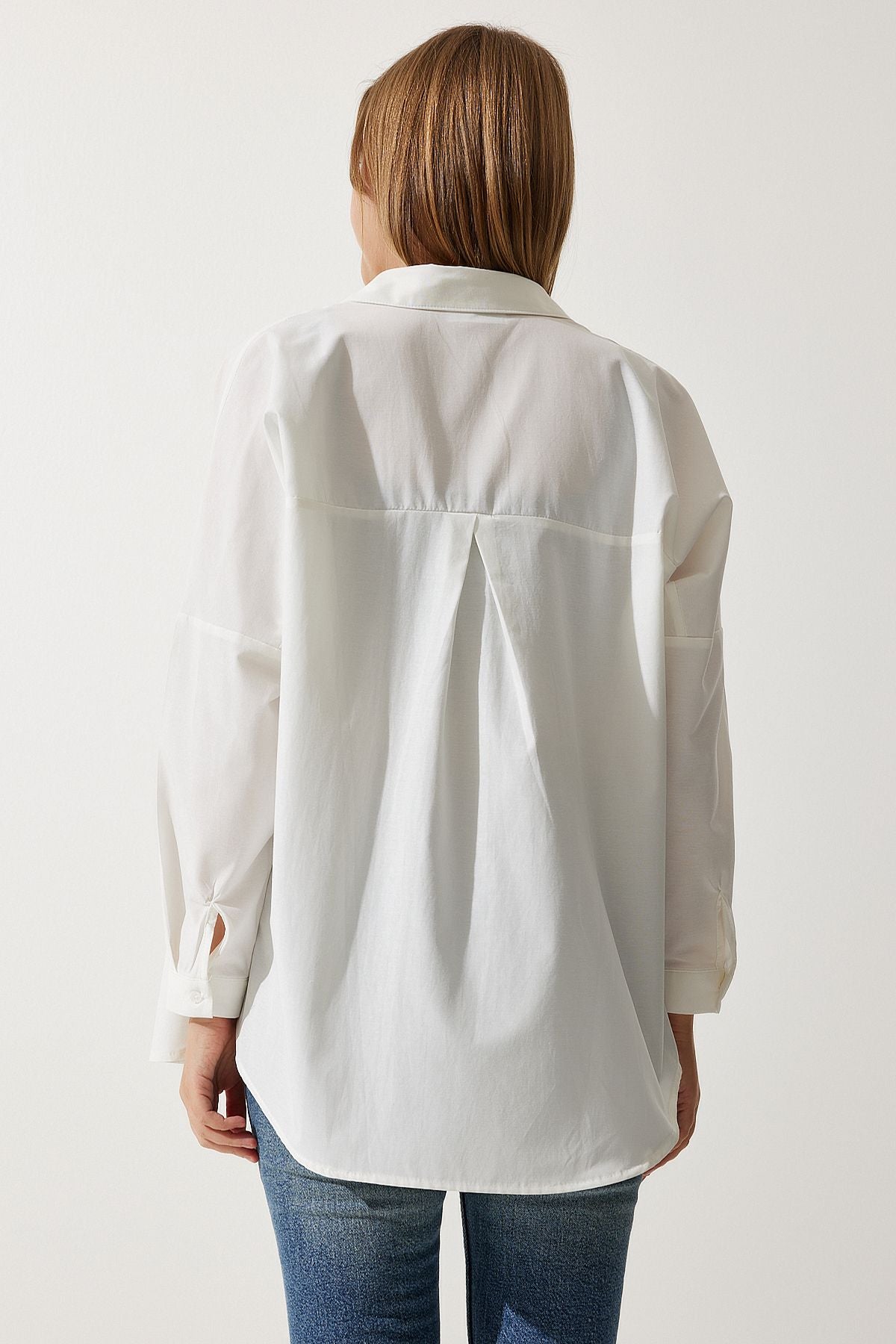 Ekru Oversize Uzun Basic Gömlek DD00842